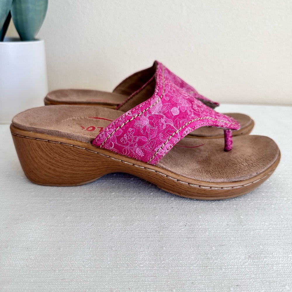 KLOGS Bright Pink Leather Upper Floral Thong Comfort Wedge Sandals Women’s 7M